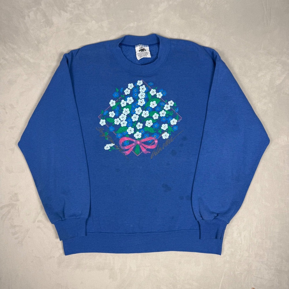 90s Mens Gopher Sport Alaska Floral Bouquet Souvenir Sweatshirt Blue Large